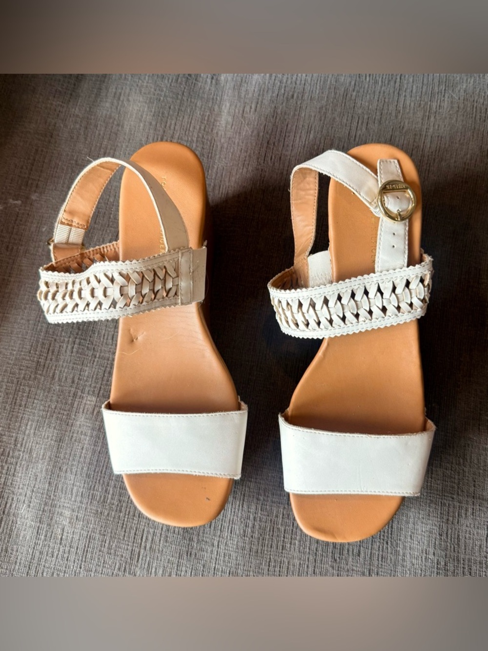 Tommy Hilfiger White Braided Strap Sandals with Gold Buckle